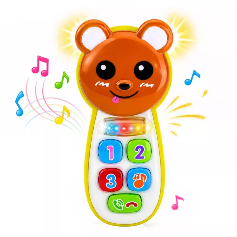 LEAN TOYS Interaktives Baby-Telefon Teddybär mit Spiegel, Rassel, Lichtern und Geräuschen
