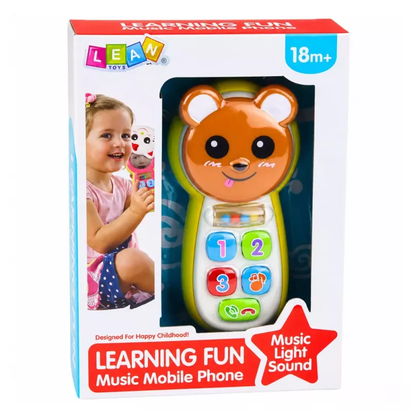 LEAN TOYS Interaktives Baby-Telefon Teddybär mit Spiegel, Rassel, Lichtern und Geräuschen