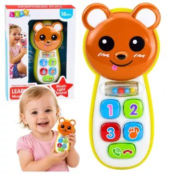 LEAN TOYS Interaktives Baby-Telefon Teddybär mit Spiegel, Rassel, Lichtern und Geräuschen