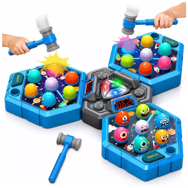 LEAN TOYS Whack-A-Mole Creatures Arcade Game für 3 Spieler, 3 Modi, leuchtende Hämmer