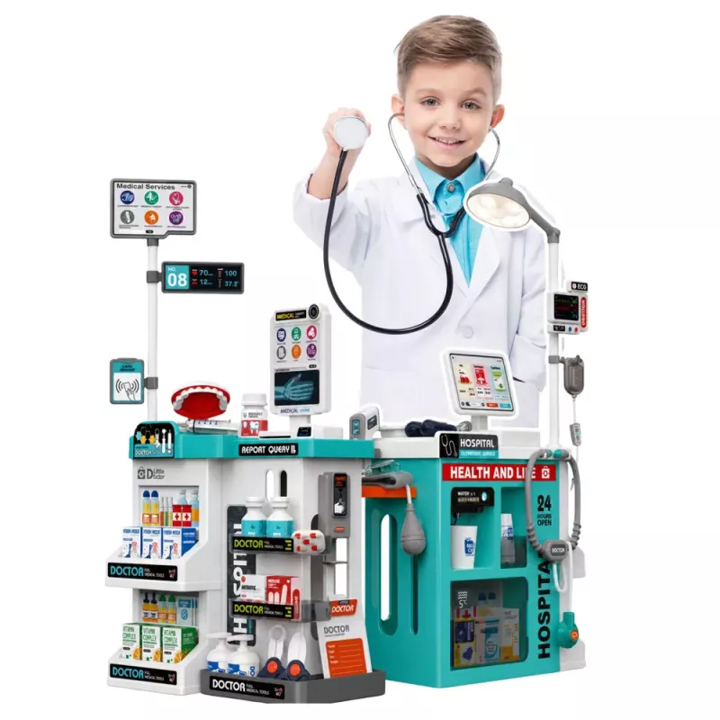 LEAN TOYS Großes Arzt-Set mit Behandlungstisch, Licht & Sound, Zubehör, 77-teilig