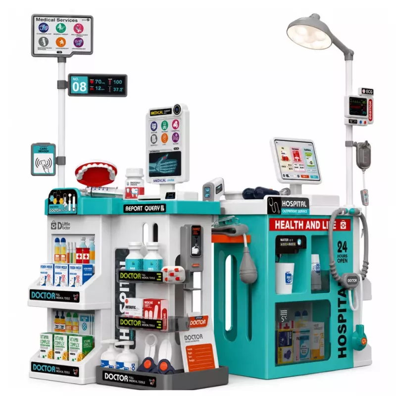 LEAN TOYS Großes Arzt-Set mit Behandlungstisch, Licht & Sound, Zubehör, 77-teilig