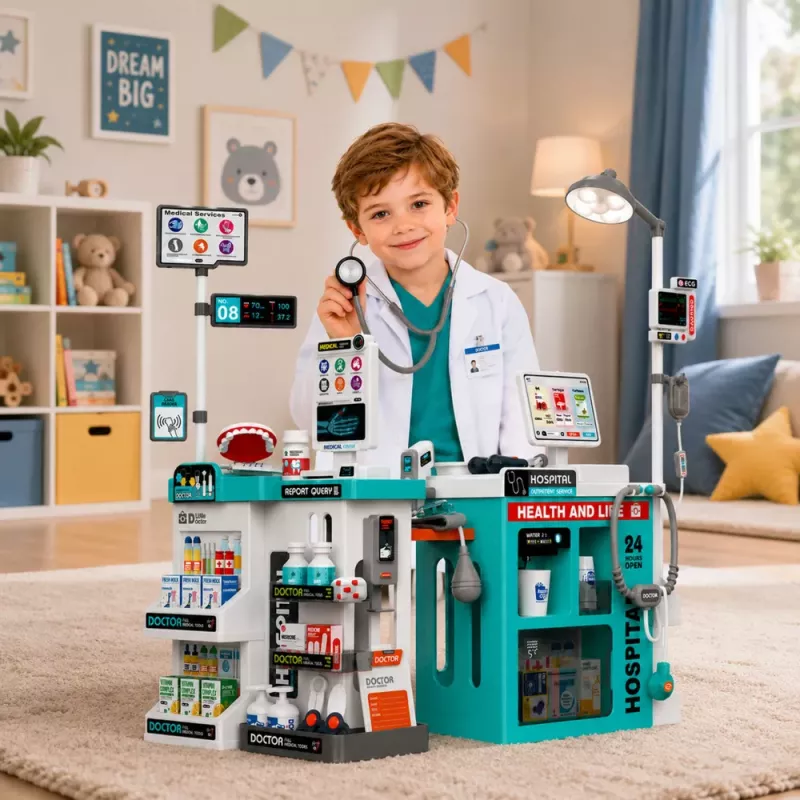 LEAN TOYS Großes Arzt-Set mit Behandlungstisch, Licht & Sound, Zubehör, 77-teilig