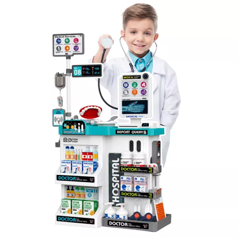 LEAN TOYS Großes Arzt-Set mit Behandlungstisch, Lichtern, Geräuschen und Zubehör, 61-teilig