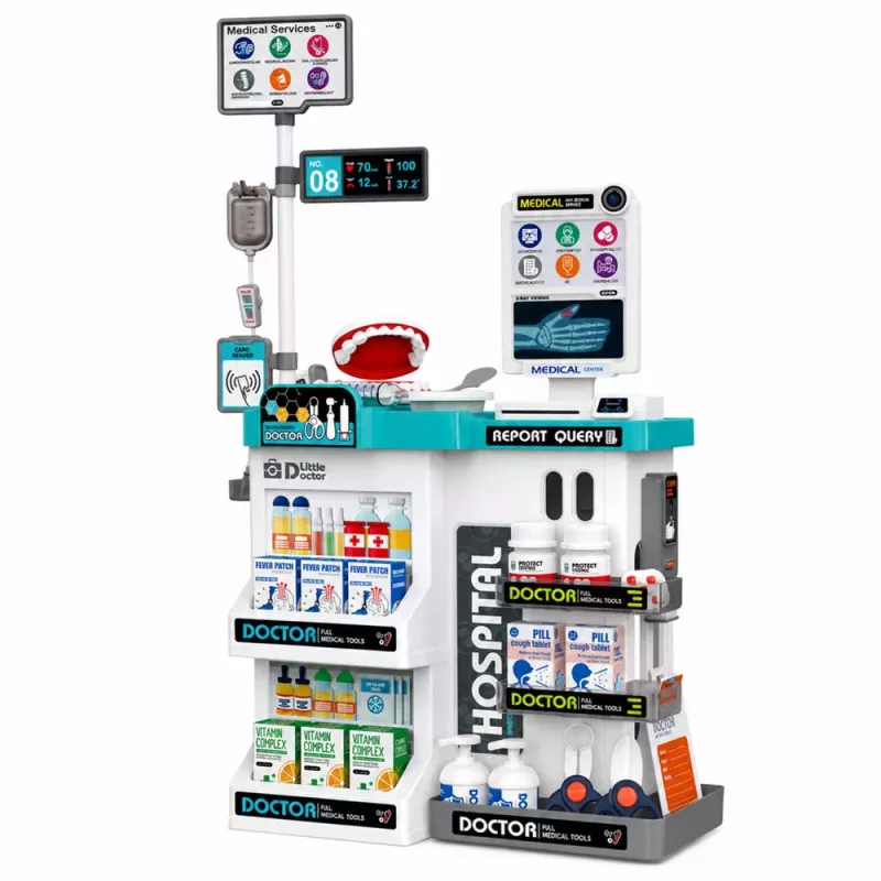 LEAN TOYS Großes Arzt-Set mit Behandlungstisch, Lichtern, Geräuschen und Zubehör, 61-teilig