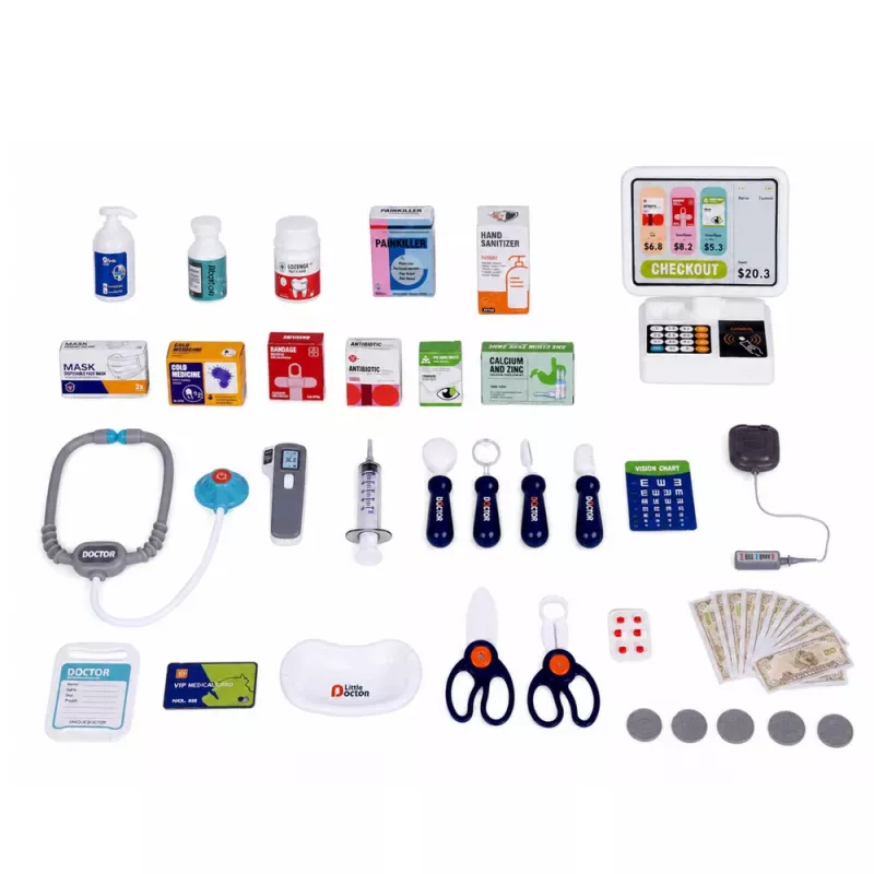 LEAN TOYS Großes Arzt-Set mit Behandlungstisch, Lichtern, Geräuschen und Zubehör, 61-teilig