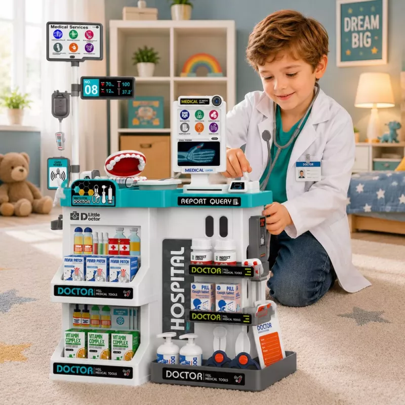 LEAN TOYS Großes Arzt-Set mit Behandlungstisch, Lichtern, Geräuschen und Zubehör, 61-teilig