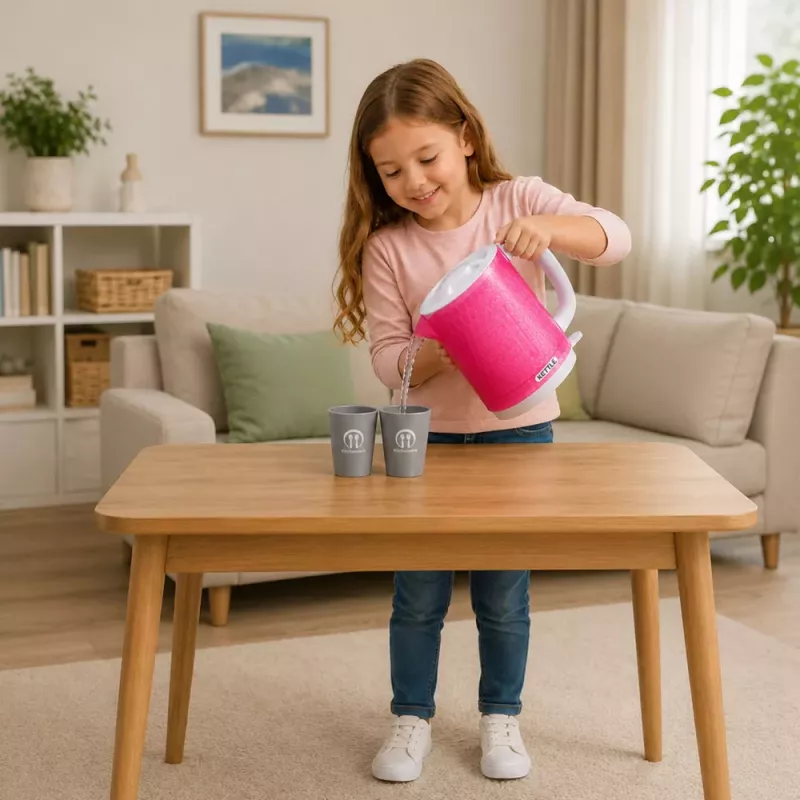 LEAN TOYS Kinder-Wasserkocher mit Tassen-Set, Kochgeräusche, Lichter, Pink