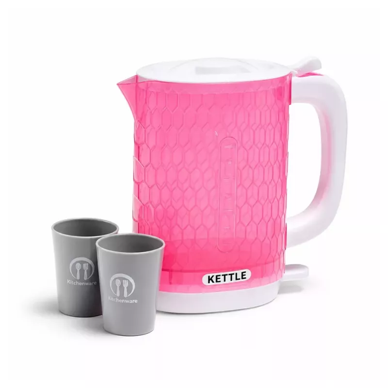 LEAN TOYS Kinder-Wasserkocher mit Tassen-Set, Kochgeräusche, Lichter, Pink