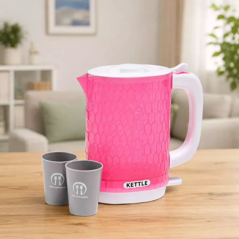 LEAN TOYS Kinder-Wasserkocher mit Tassen-Set, Kochgeräusche, Lichter, Pink