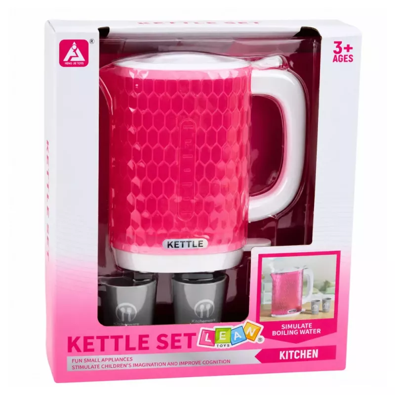 LEAN TOYS Kinder-Wasserkocher mit Tassen-Set, Kochgeräusche, Lichter, Pink