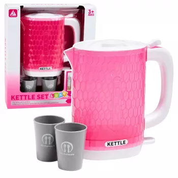 LEAN TOYS Kinder-Wasserkocher mit Tassen-Set, Kochgeräusche, Lichter, Pink