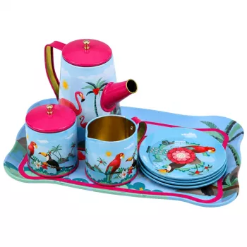 LEAN TOYS Teeservice mit Papageien, Metall, exotisches Muster, 12-teilig