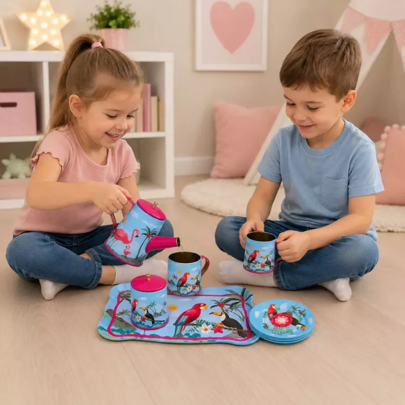 LEAN TOYS Teeservice mit Papageien, Metall, exotisches Muster, 12-teilig