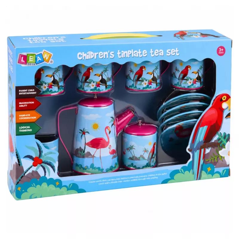 LEAN TOYS Teeservice mit Papageien, Metall, exotisches Muster, 12-teilig