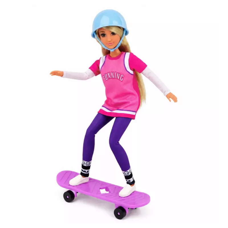LEAN TOYS Anlily Puppe mit lila Skateboard, Helm und langem Sweatshirt-Set