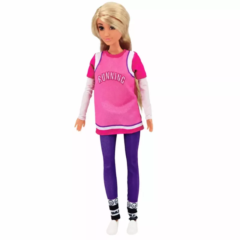 LEAN TOYS Anlily Puppe mit lila Skateboard, Helm und langem Sweatshirt-Set