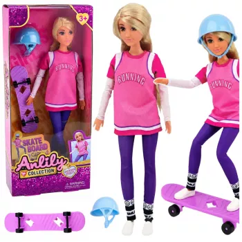 LEAN TOYS Anlily Puppe mit lila Skateboard, Helm und langem Sweatshirt-Set
