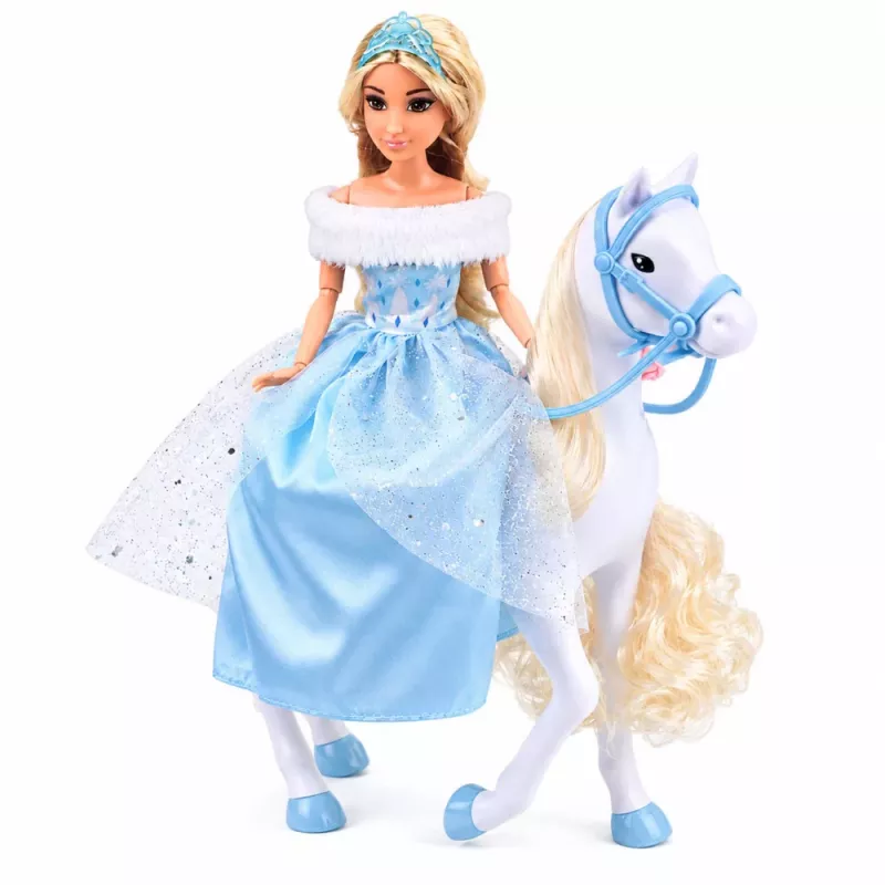LEAN TOYS Anlily Puppe auf einem weißen Pferd Prinzessin in blauem Kleid Zubehör