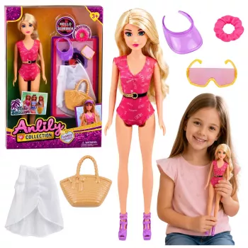 LEAN TOYS Anlily Puppe im Badeanzug mit Strandtasche und Zubehör-Set