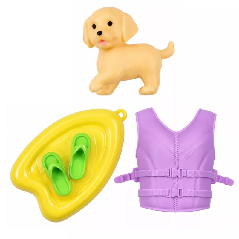 LEAN TOYS Anlily Puppe im Motorboot mit Hund, Schwimmweste, Surfbrett und Zubehör-Set