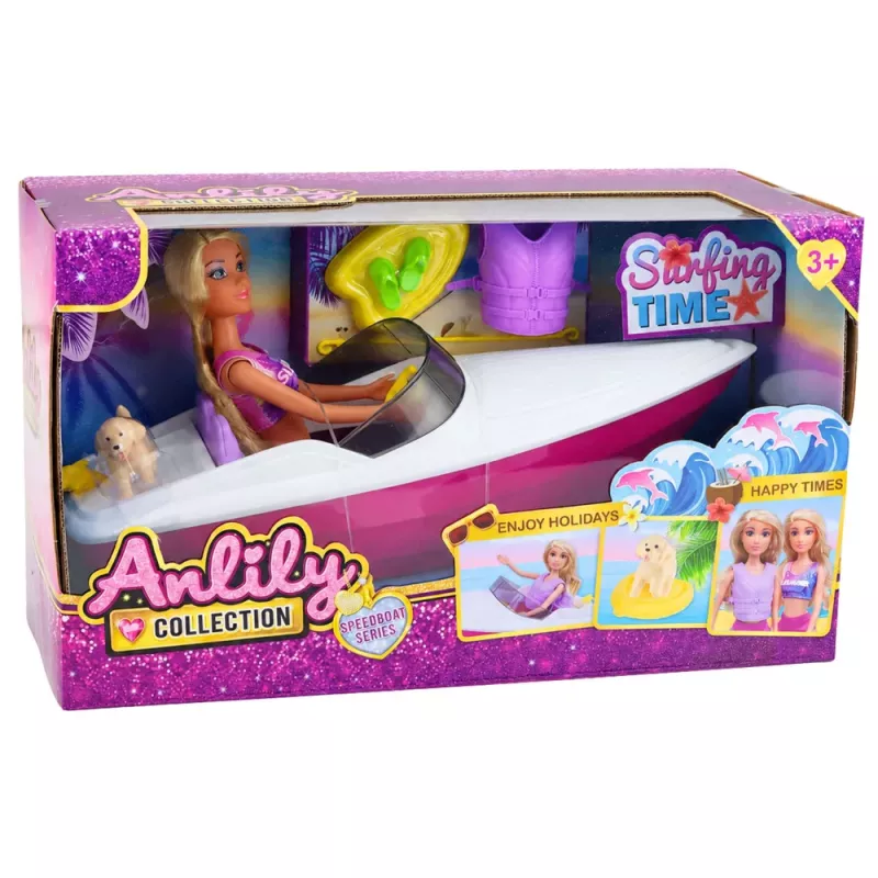 LEAN TOYS Anlily Puppe im Motorboot mit Hund, Schwimmweste, Surfbrett und Zubehör-Set