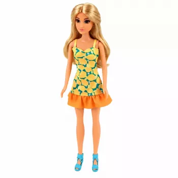 LEAN TOYS Anlily Puppe im gelben Kleid mit Kätzchen, Gartenmöbel, Sonnenschirm Zubehör