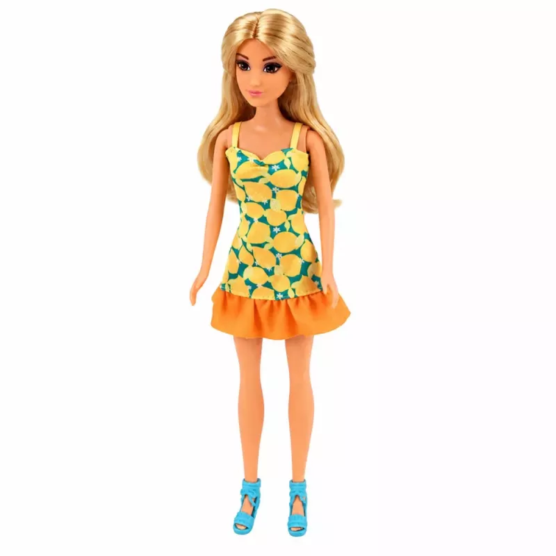 LEAN TOYS Anlily Puppe im gelben Kleid mit Kätzchen, Gartenmöbel, Sonnenschirm Zubehör
