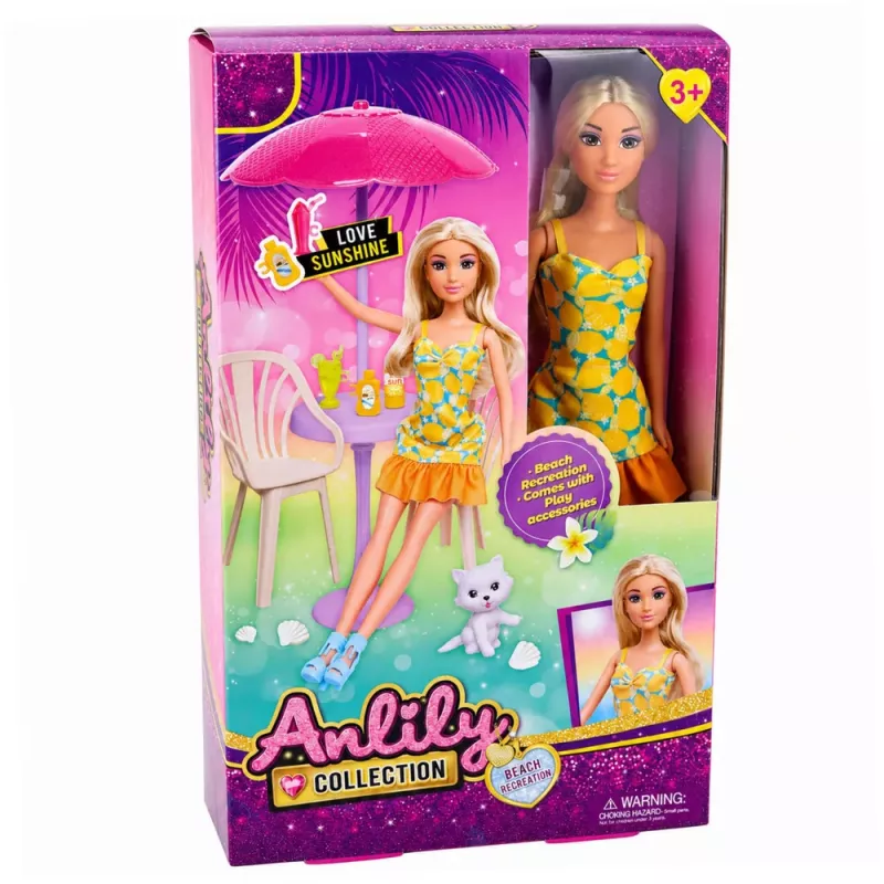 LEAN TOYS Anlily Puppe im gelben Kleid mit Kätzchen, Gartenmöbel, Sonnenschirm Zubehör