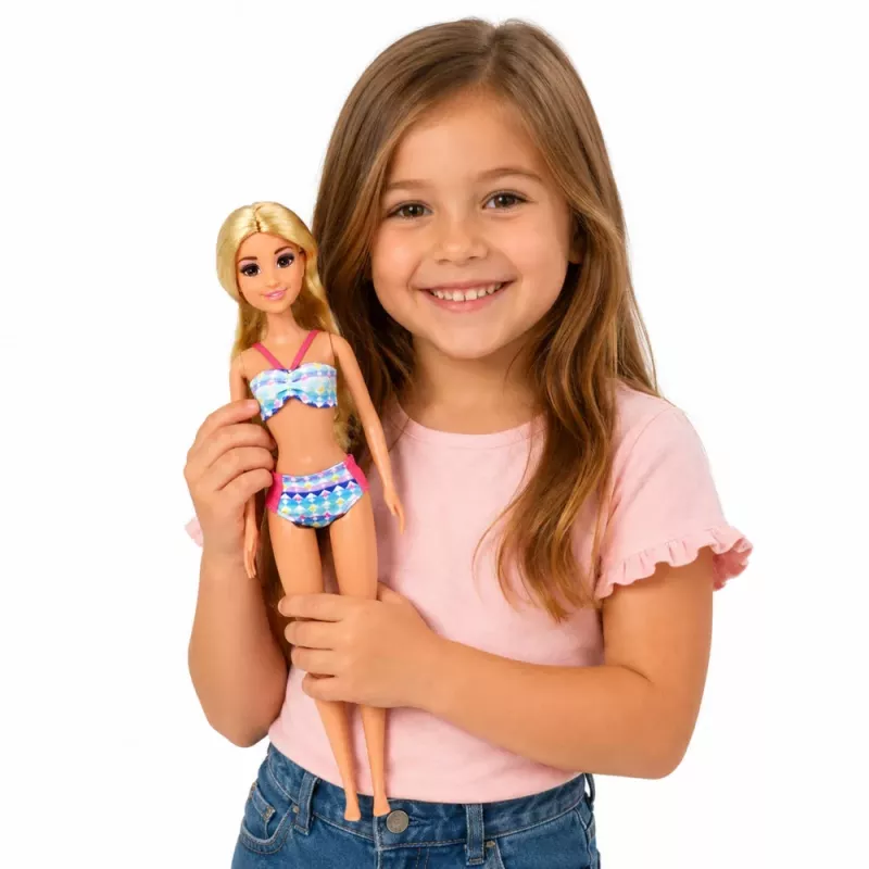 LEAN TOYS Anlily Puppe im Pool mit Rutsche Palme Strandzubehör Set