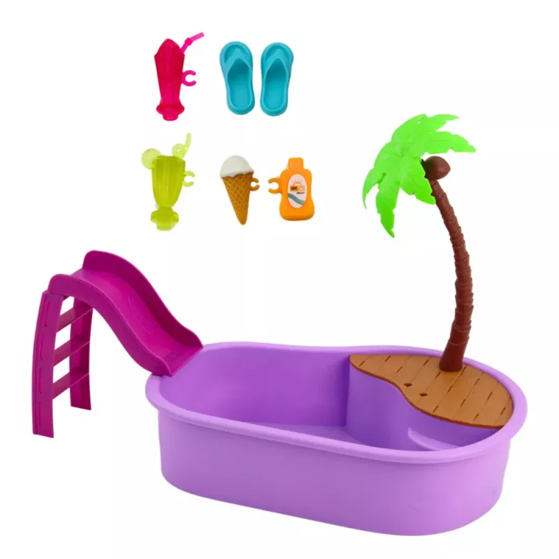LEAN TOYS Anlily Puppe im Pool mit Rutsche Palme Strandzubehör Set