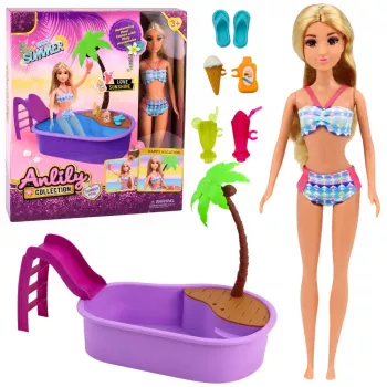 LEAN TOYS Anlily Puppe im Pool mit Rutsche Palme Strandzubehör Set