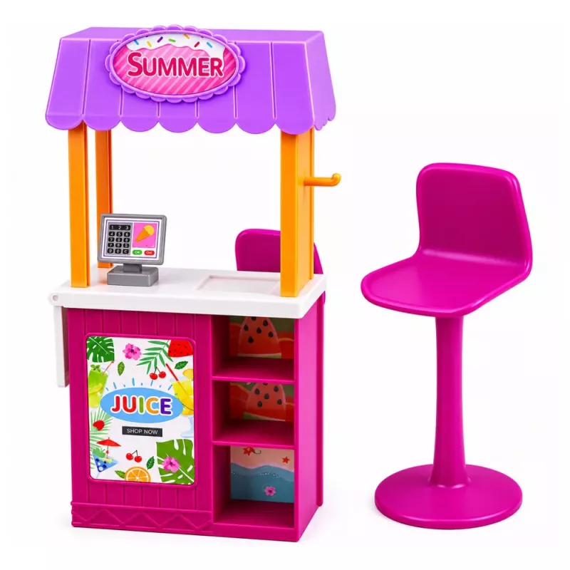 LEAN TOYS Anlily Puppe Verkäuferin mit Getränke- und Snackstand Zubehörset
