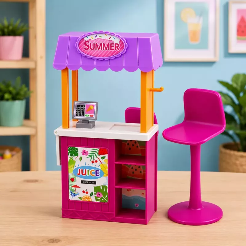LEAN TOYS Anlily Puppe Verkäuferin mit Getränke- und Snackstand Zubehörset