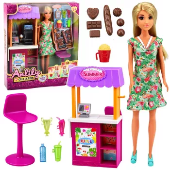 LEAN TOYS Anlily Puppe Verkäuferin mit Getränke- und Snackstand Zubehörset