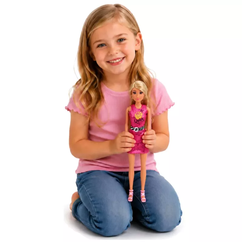 LEAN TOYS Anlily Puppe in rosa Kleid, Handtasche, Schmuck, Accessoires Set