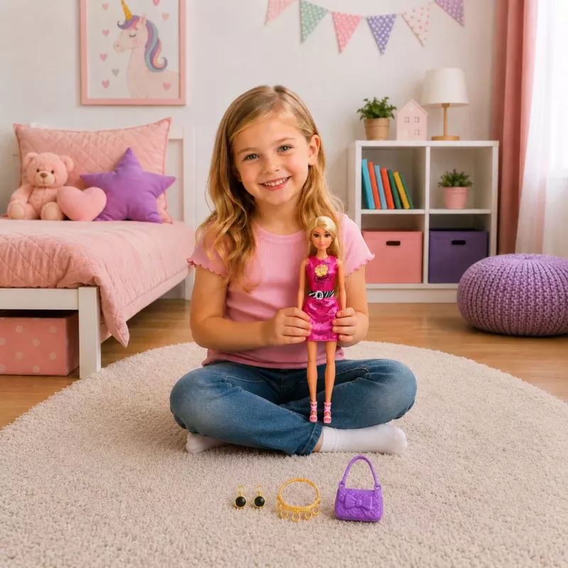 LEAN TOYS Anlily Puppe in rosa Kleid, Handtasche, Schmuck, Accessoires Set