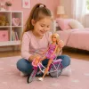 LEAN TOYS Anlily Puppe im rosa Kleid mit Fahrrad und Babysitz Set