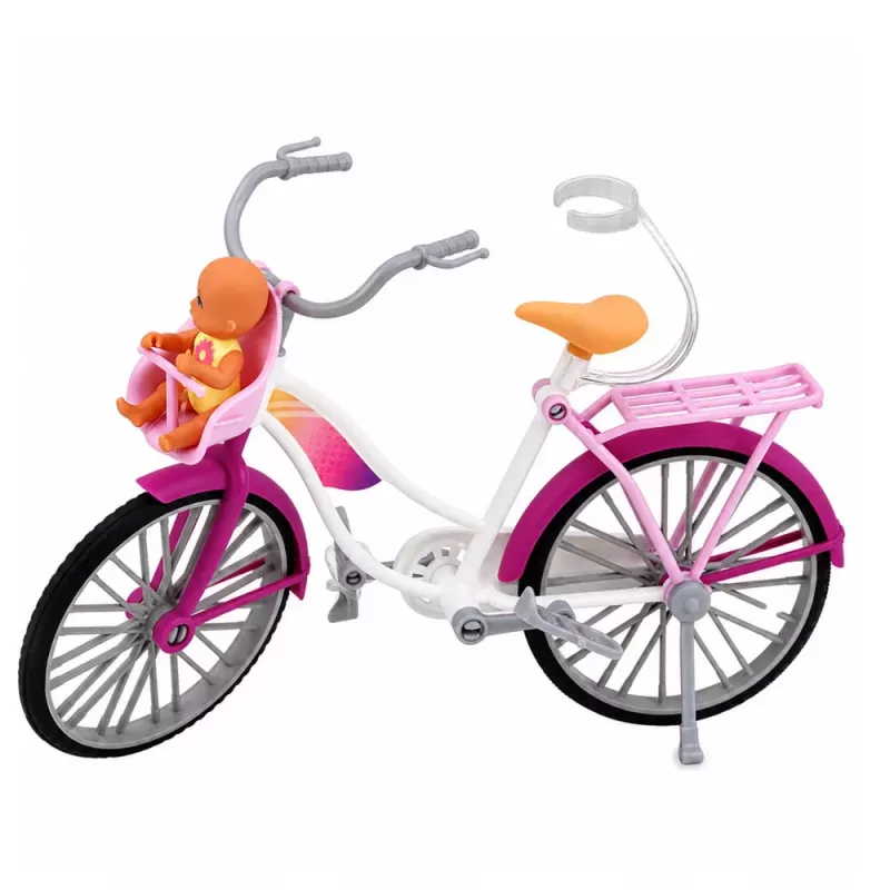 LEAN TOYS Anlily Puppe im rosa Kleid mit Fahrrad und Babysitz Set