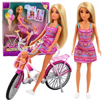 LEAN TOYS Anlily Puppe im rosa Kleid mit Fahrrad und Babysitz Set