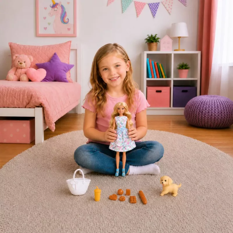 LEAN TOYS Anlily Puppe mit Hund, Blumenkleid, Tasche, Snacks, Zubehör-Set