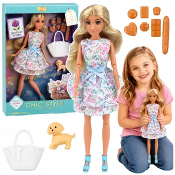 LEAN TOYS Anlily Puppe mit Hund, Blumenkleid, Tasche, Snacks, Zubehör-Set