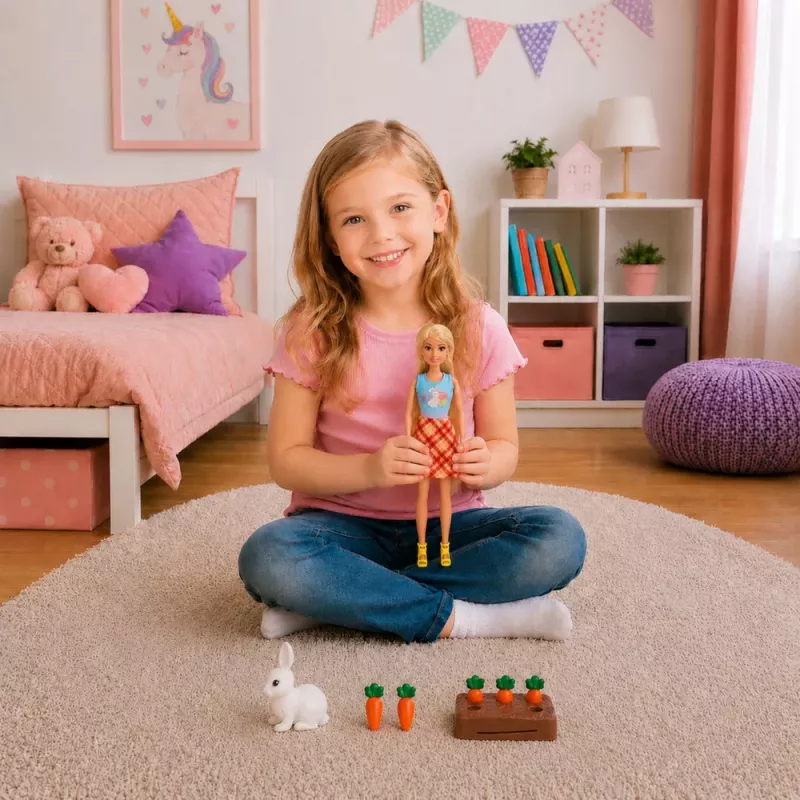 LEAN TOYS Anlily Puppe mit weißem Hasen und Karotten Karottenständer-Set