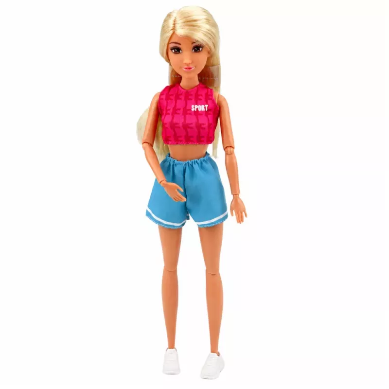 LEAN TOYS Anlily Puppe im Sportoutfit mit Hanteln, Wasserflasche, Tasche, Zubehörset