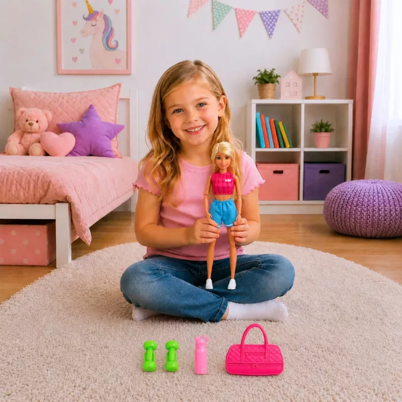LEAN TOYS Anlily Puppe im Sportoutfit mit Hanteln, Wasserflasche, Tasche, Zubehörset