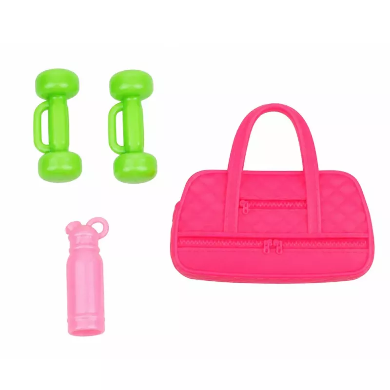 LEAN TOYS Anlily Puppe im Sportoutfit mit Hanteln, Wasserflasche, Tasche, Zubehörset