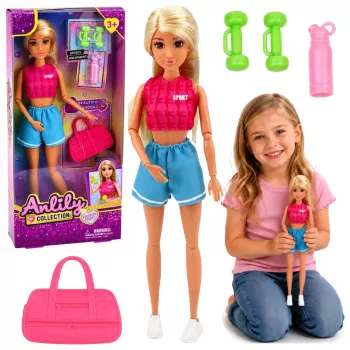LEAN TOYS Anlily Puppe im Sportoutfit mit Hanteln, Wasserflasche, Tasche, Zubehörset