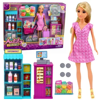 LEAN TOYS Anlily Puppe mit Supermarkt-Kasse, Einkaufswagen und Kinderwagen Set