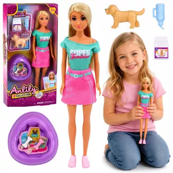 LEAN TOYS Anlily Puppe mit Haustier Hund Zubehör Bett-Set