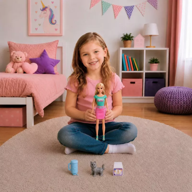 LEAN TOYS Anlily Puppe mit Haustiertrage Kätzchen Grau Zubehörset